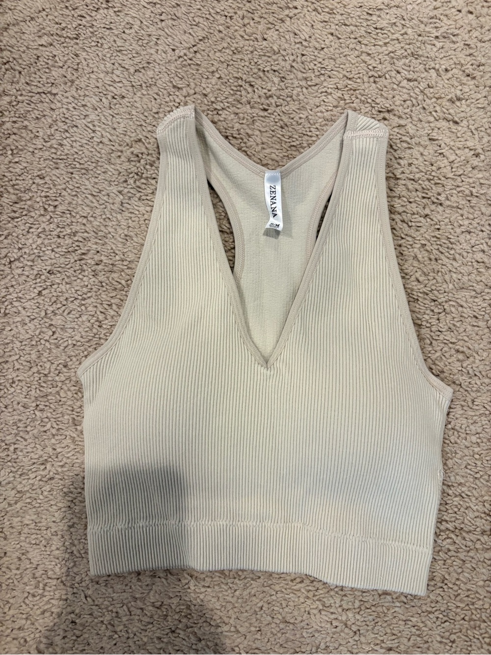Zenana Outfitters Ribbed V‑Neck Racerback Crop Top - Beige S/M